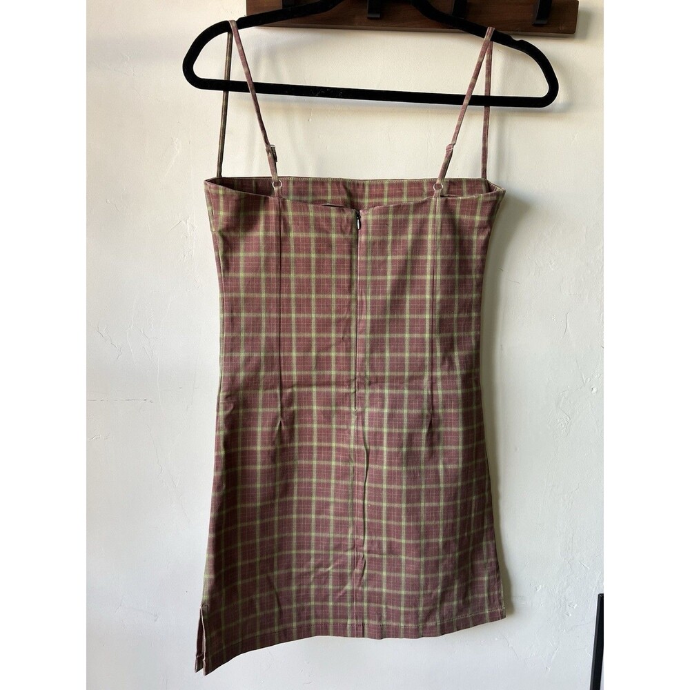 UNIF O-Ren Brown Green Plaid Mini Dress Zip Strappy Sleeveless A-Line Size S - Picture 4 of 9